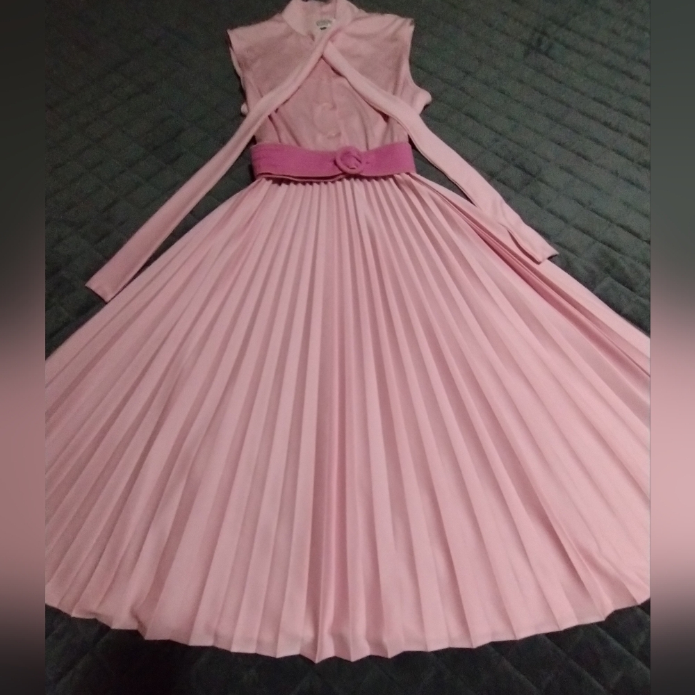 VINTAGE 70s Dress Pink Bow Tie Belted Size 14